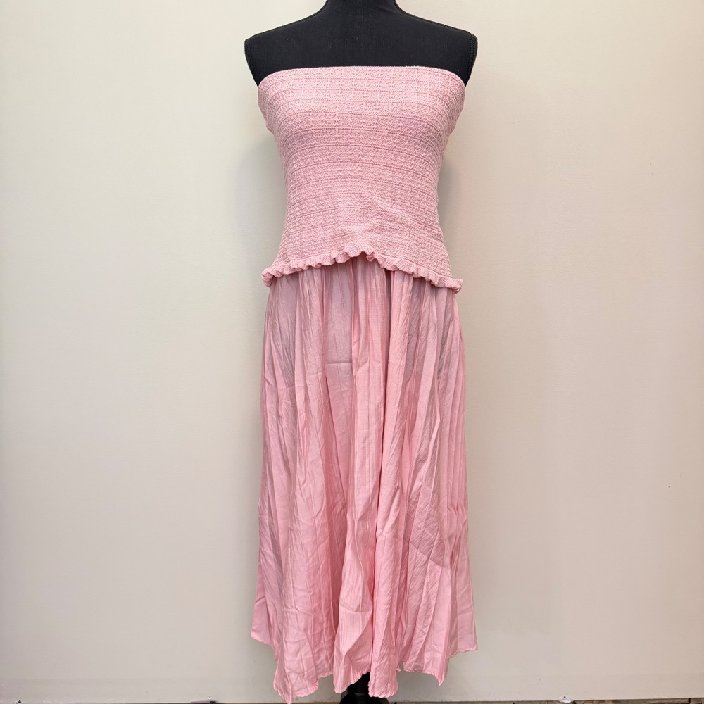 Zara Pink Combined Skirt Set Strapless Smocked Knit Pleats Ruffle Hem Maxi Skirt